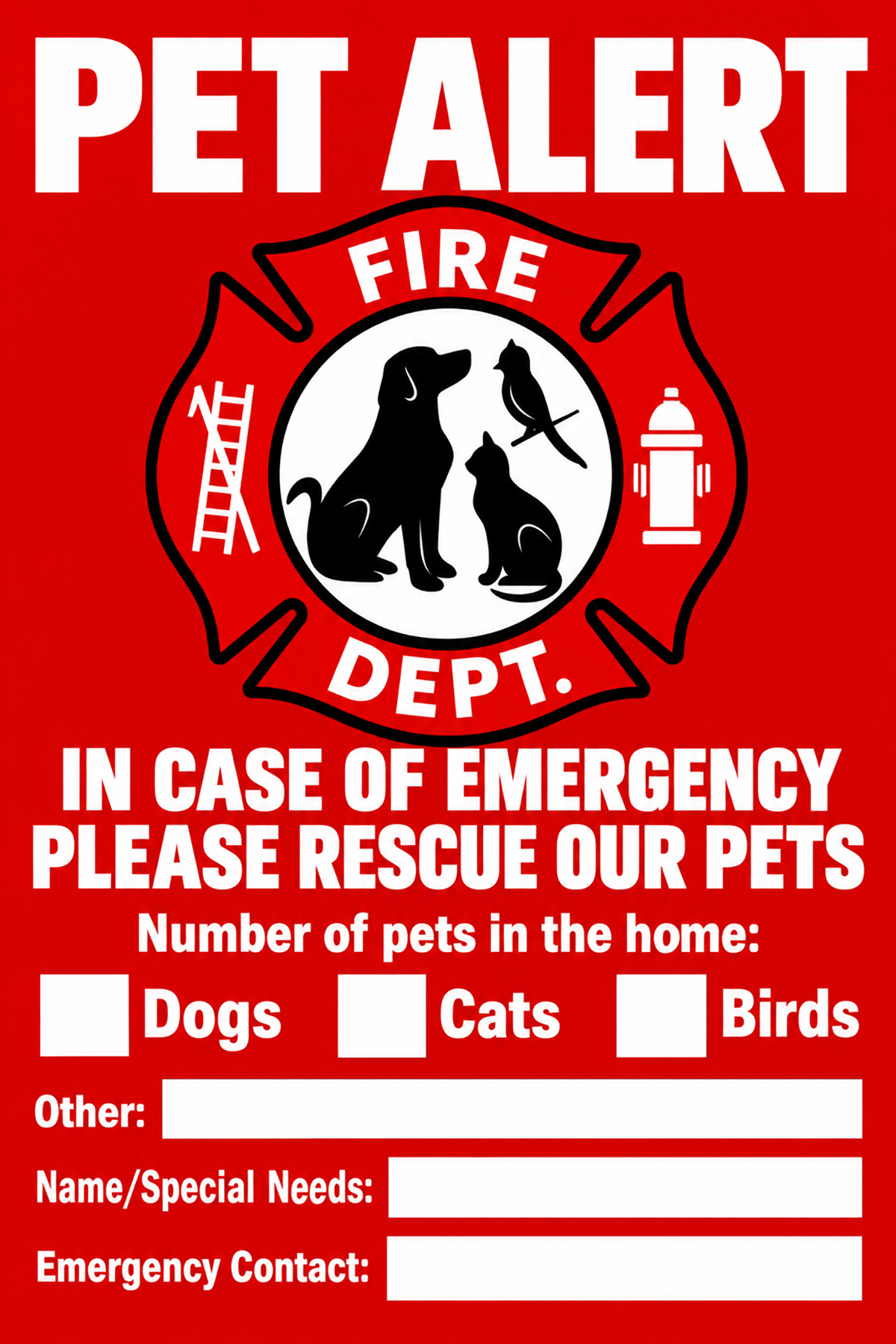 Red Pet Alert with pet counts, special needs and emergency contact fields