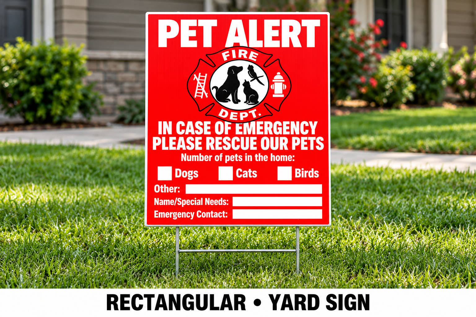 Red rectangular Pet Alert yard sign staked in a lawn with pet counts, special needs and emergency contact fields